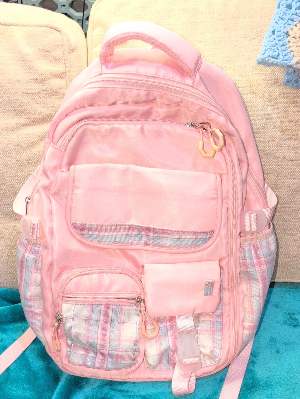 Kawaii Preppy Pink Plaid Multi Pocket Computer Backpack